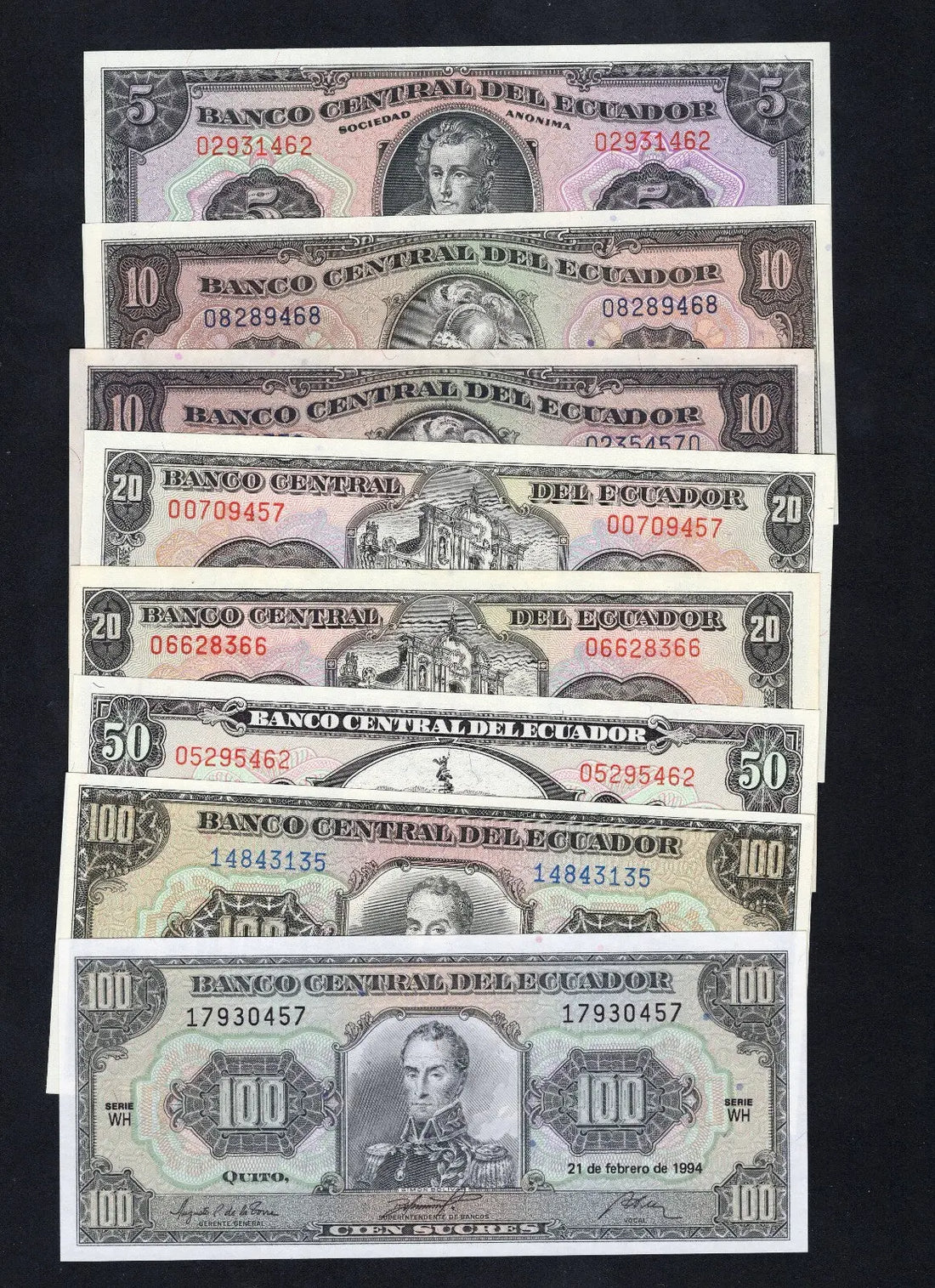 Group  of 8   Ecuador Banknotes 1986/1994 unc/c2