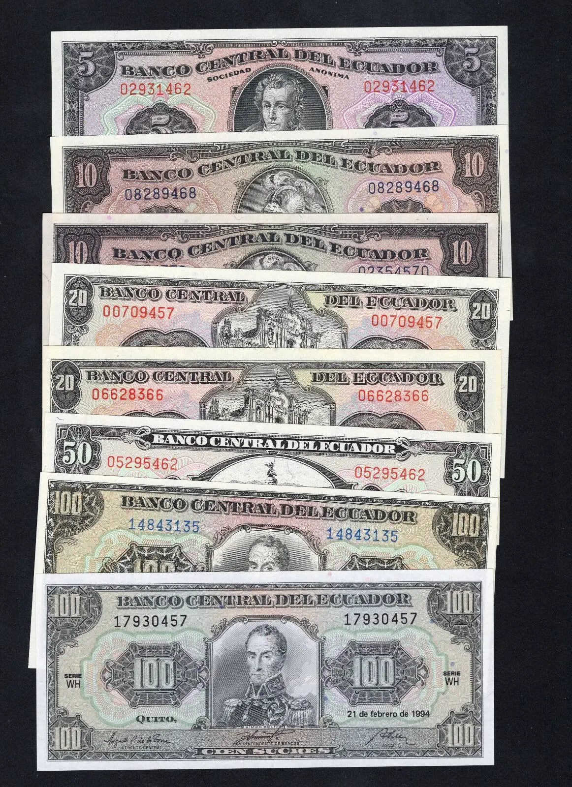 Group  of 8   Ecuador Banknotes 1986/1994 unc/c2