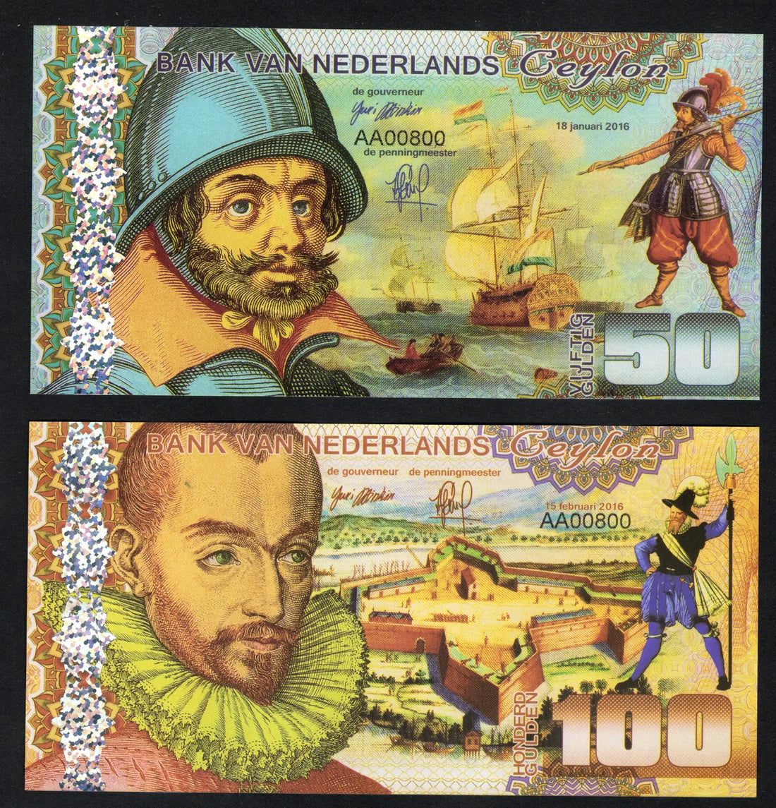 Netherlands Ceylon Set, 50;10;500;1000 Gulden, 2016 Private Issue POLYMER UNC