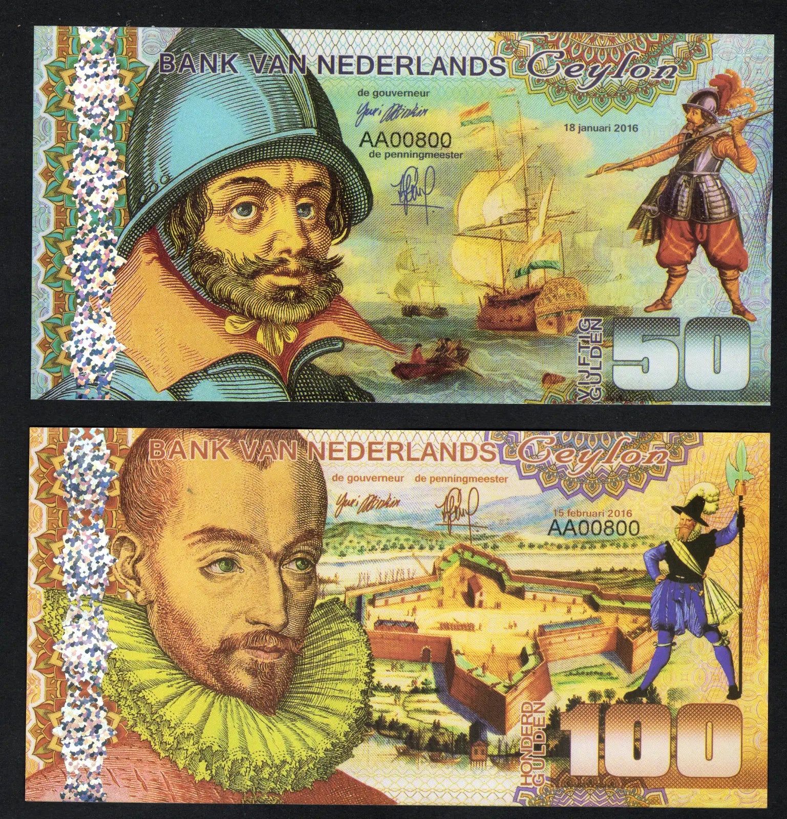 Netherlands Ceylon Set, 50;10;500;1000 Gulden, 2016 Private Issue POLYMER UNC