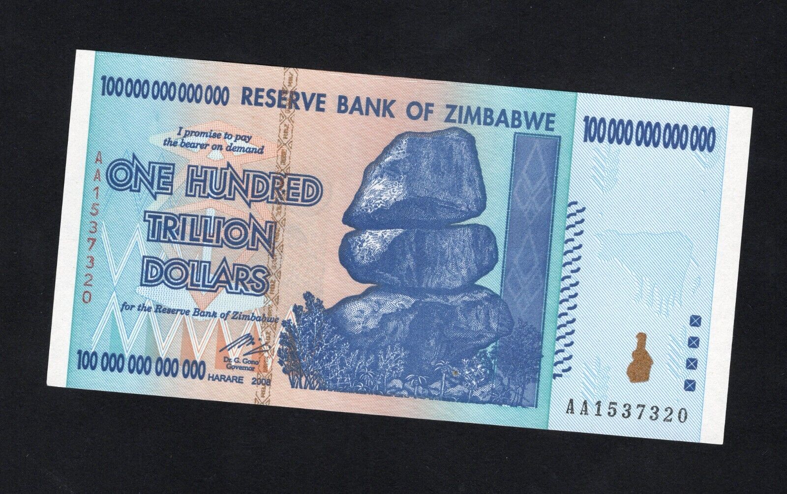 Zimbabwe 100 Trillion Dollar banknote. Genuine, UNC AA Serial Number UV checked! - worldbanknote