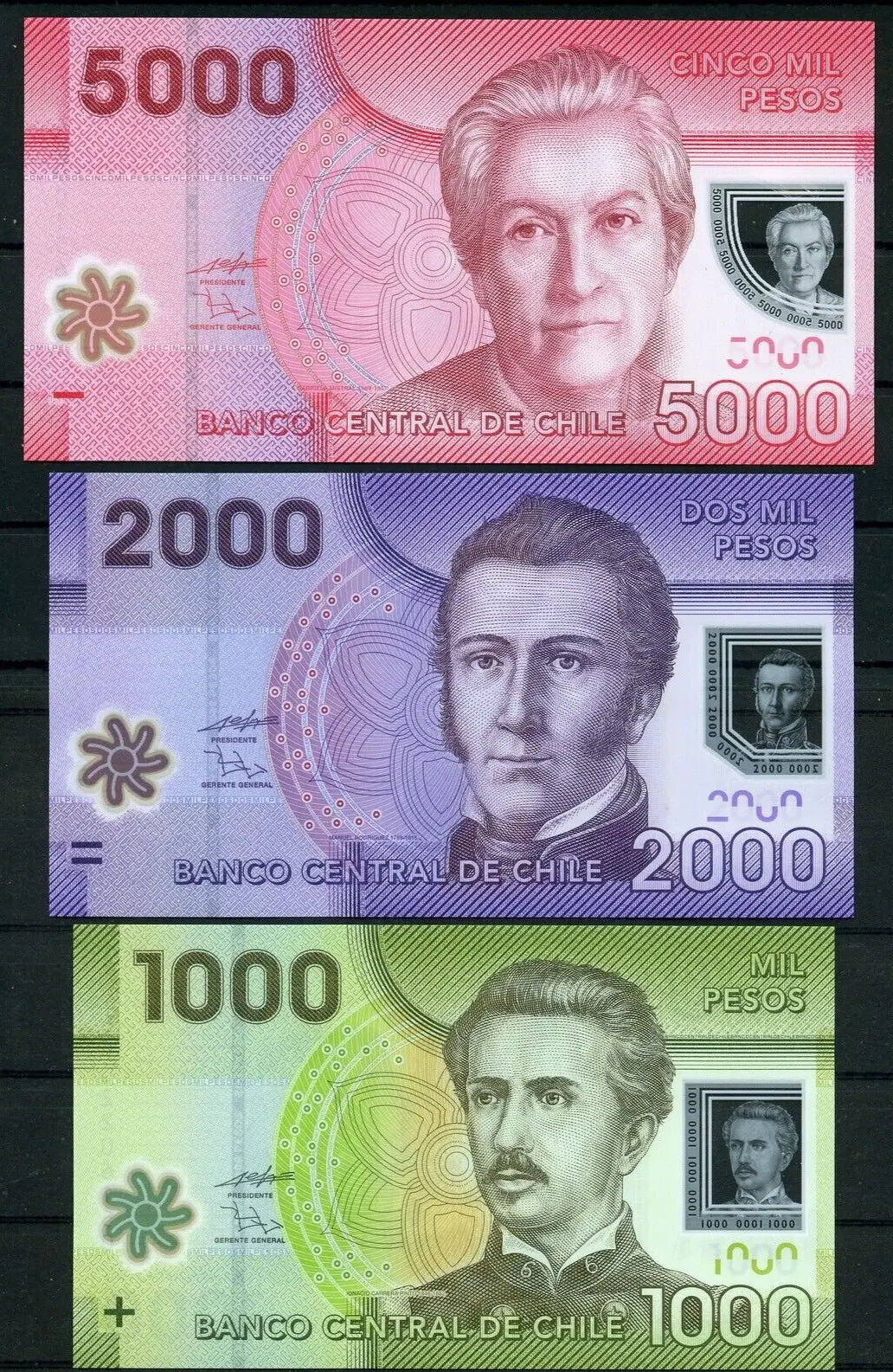 Chile $ 1000 $ 2000 & $ 5000 Polymer Banknotes UNC.