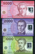 Chile $ 1000 $ 2000 & $ 5000 Polymer Banknotes UNC.