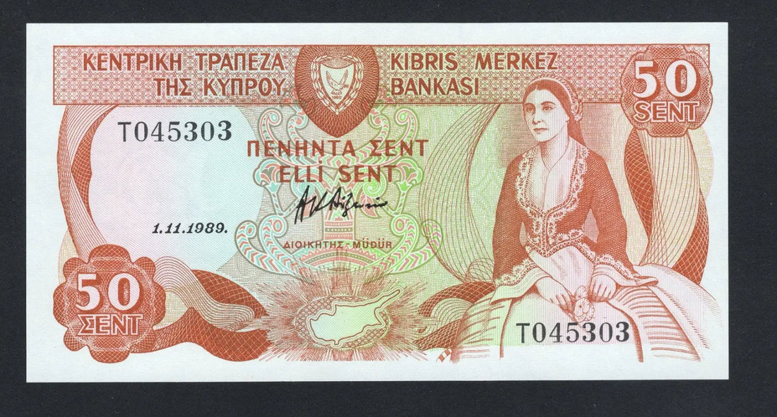 CYPRUS 50 cents Banknote 1989 UNC/F10