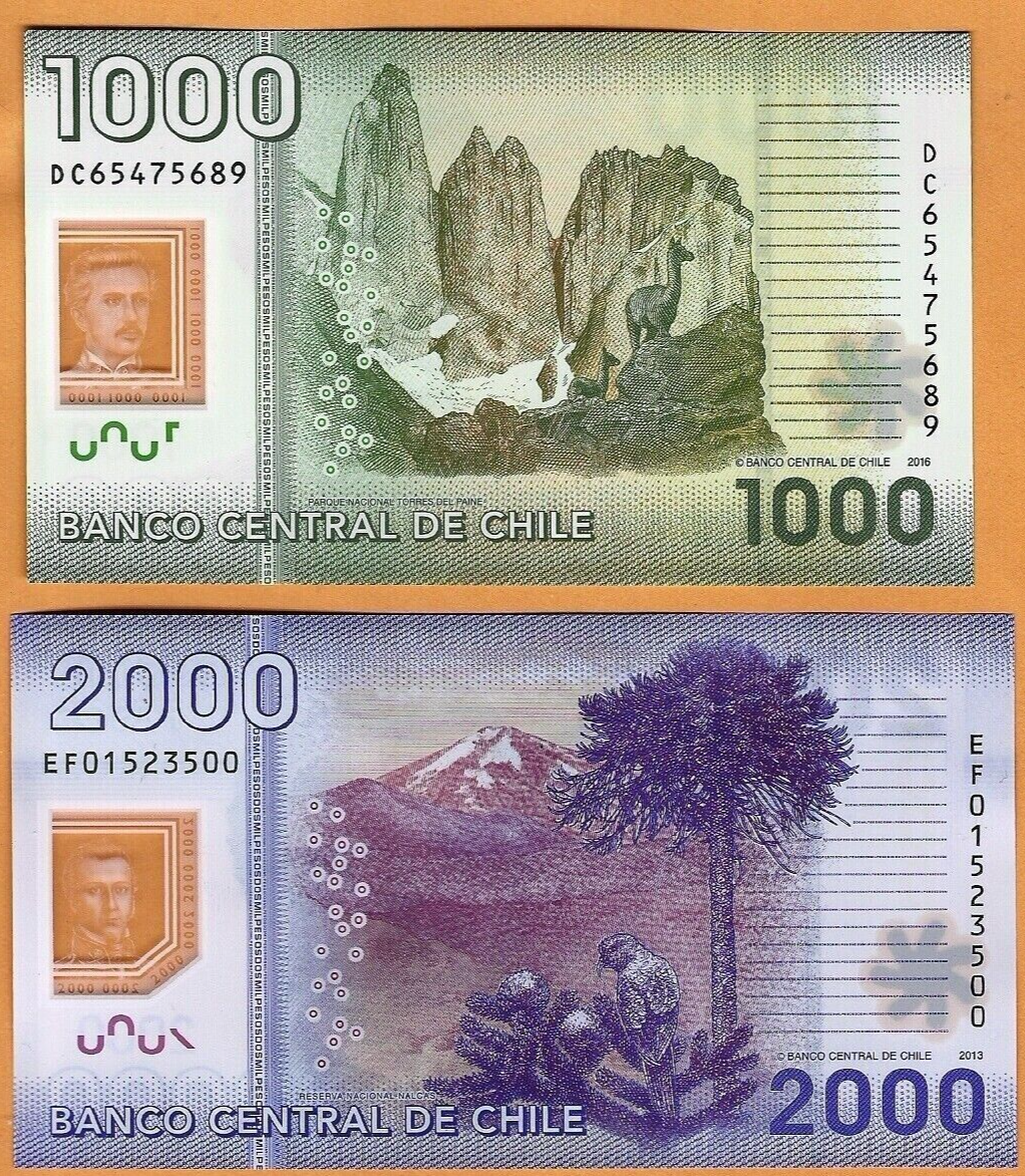 CHILE 1000 and 2000 Pesos Banknotes (2009/2011) - UNC - worldbanknote