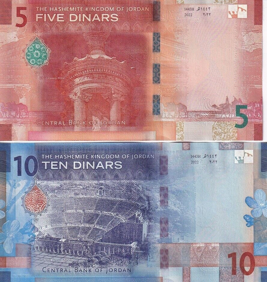Jordan set 2 UNC 5 10 Dinars 2022 / 2023 P New Design P 40 41