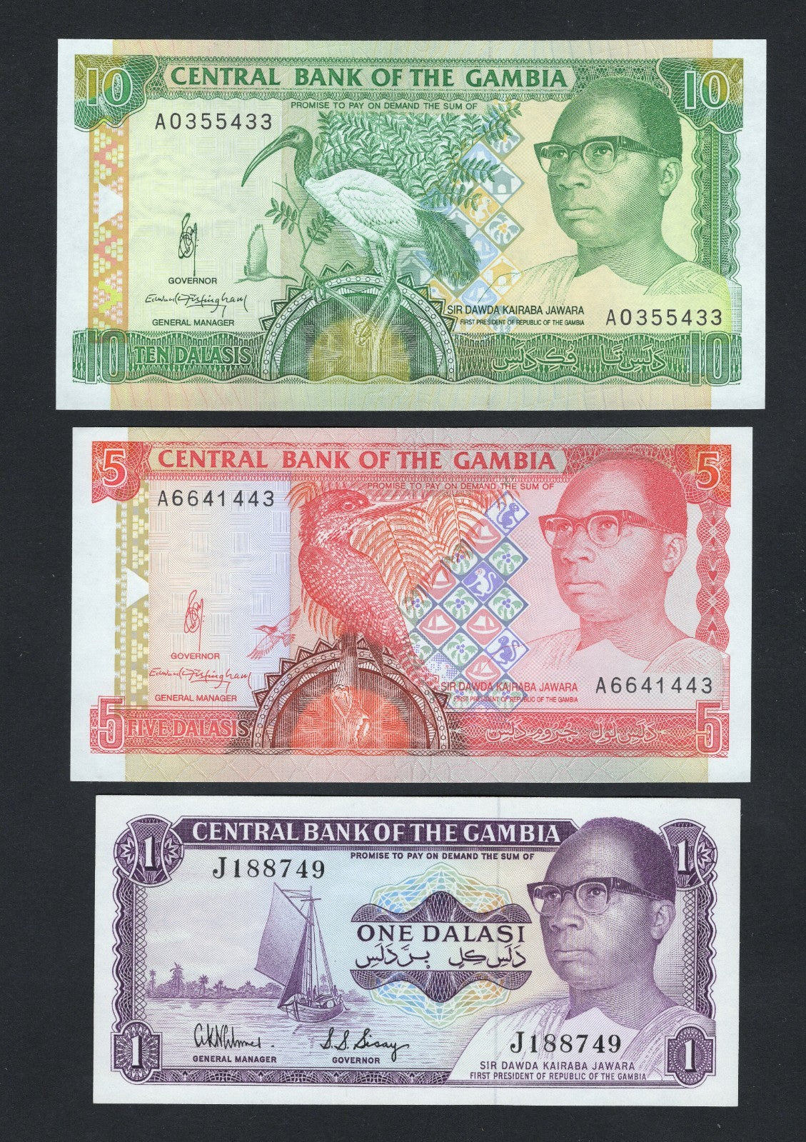 3 Gambia banknotes 1,5, 10 Dalasi(1971/1995) AUNC/F10