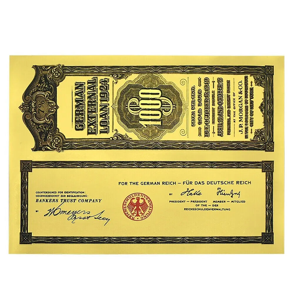 1924 German Bond $1000 Gold Foil Banknote with UV and Serial Number Gifts