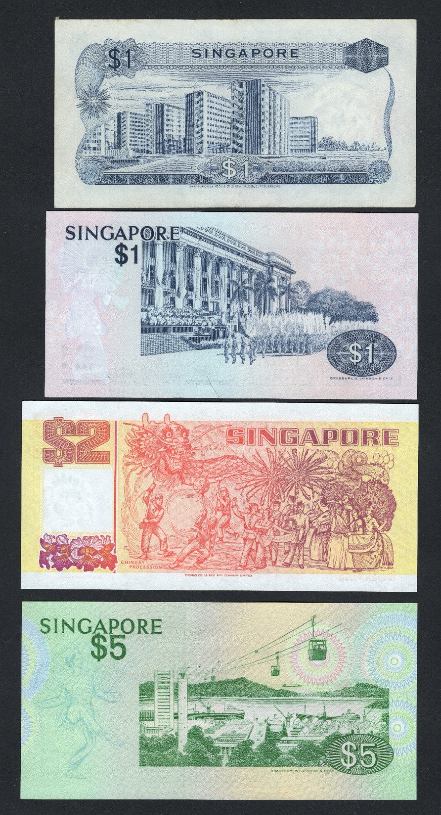 A set of  4 Singapore notes1,1,2,5  Dollars VF/UNC/F10