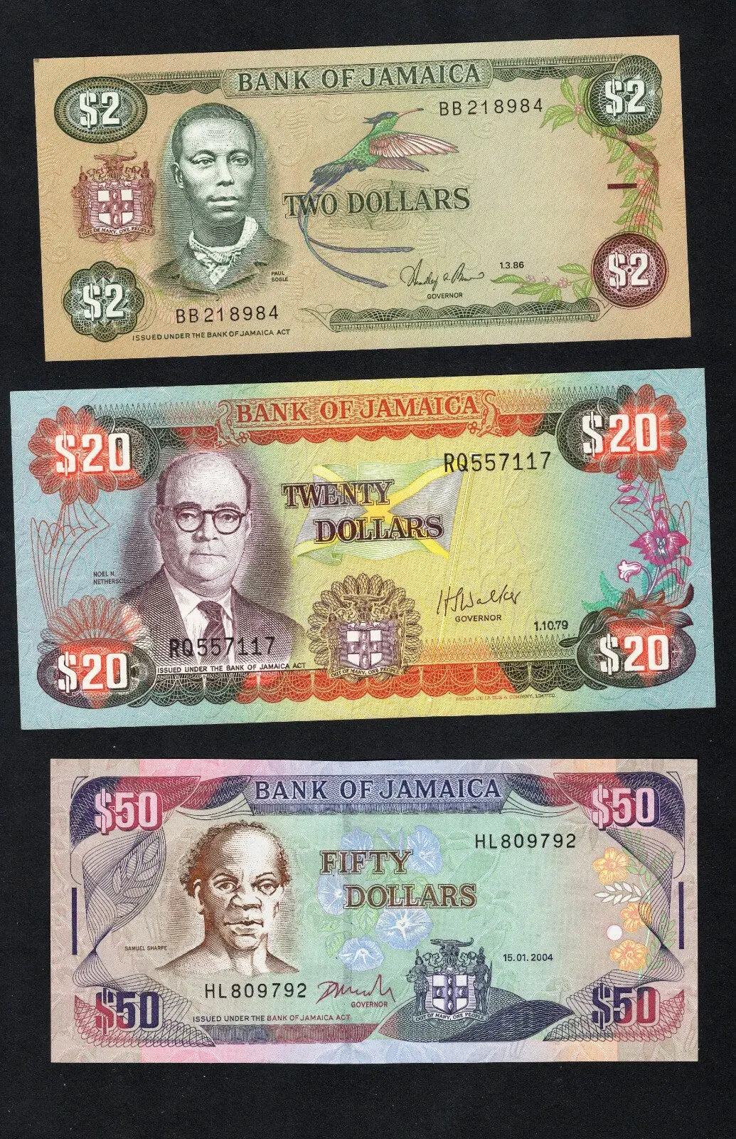 5 Jamaica banknotes: 2,20,50,100,500 dollars(1979/2010) unc/c2
