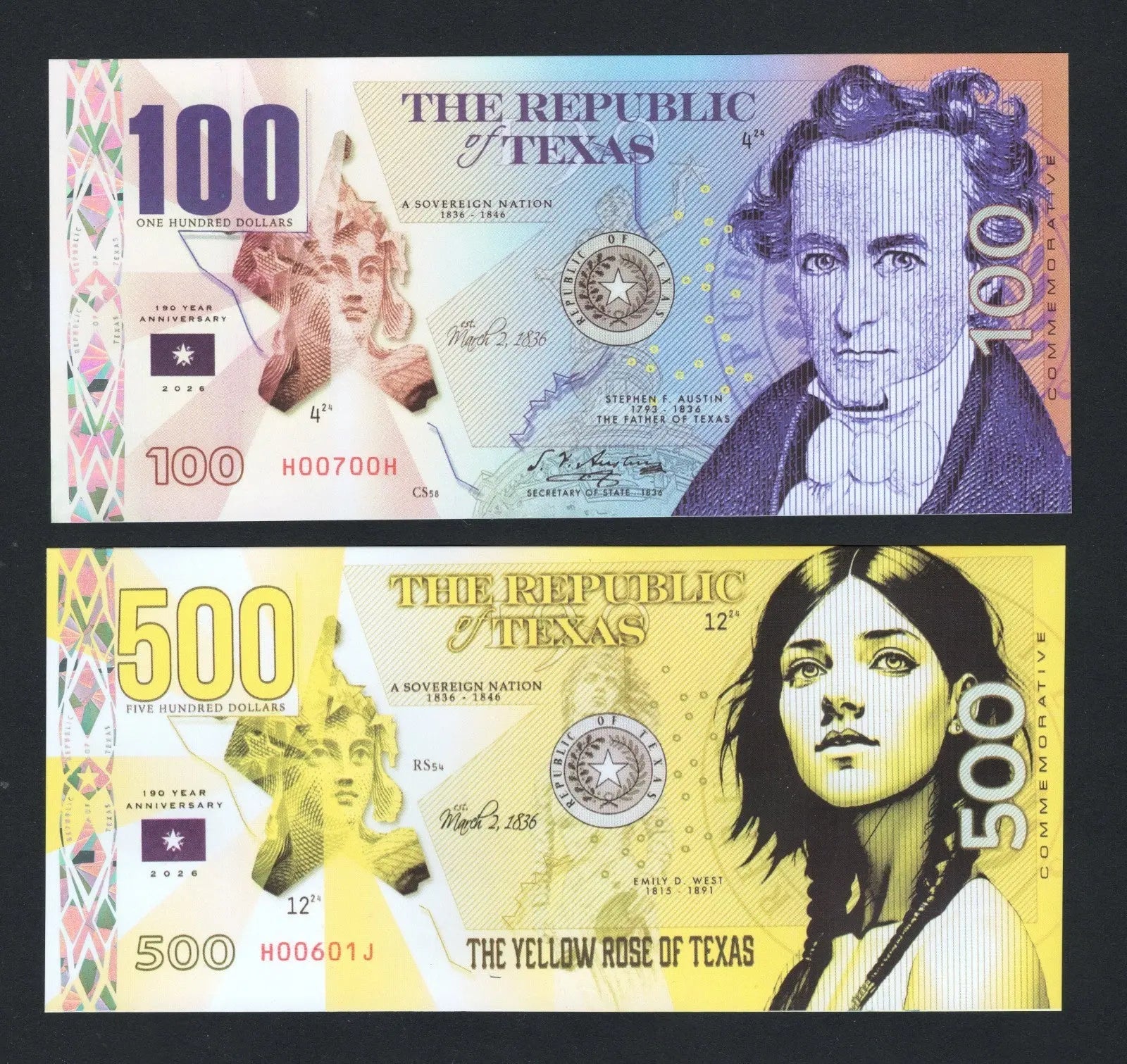 Set of 4 Republic of Texas Polymer Banknotes 20, 50, 100, 500 Dollars  Fantasy