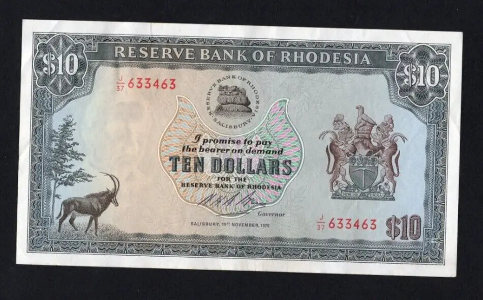RESERVE BANK OF RHODESIA 10 DOLLARS 1975 BANKNOTE VF/REF D3