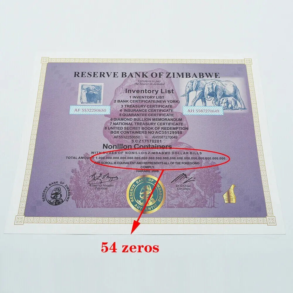 Zimbabwe Nonillon Containers Scroll Banknote 54 Zero Paper Money With UV