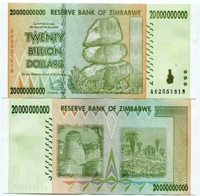 Zimbabwe 20 billion dollar banknote with balancing rocks and historical ruins design
