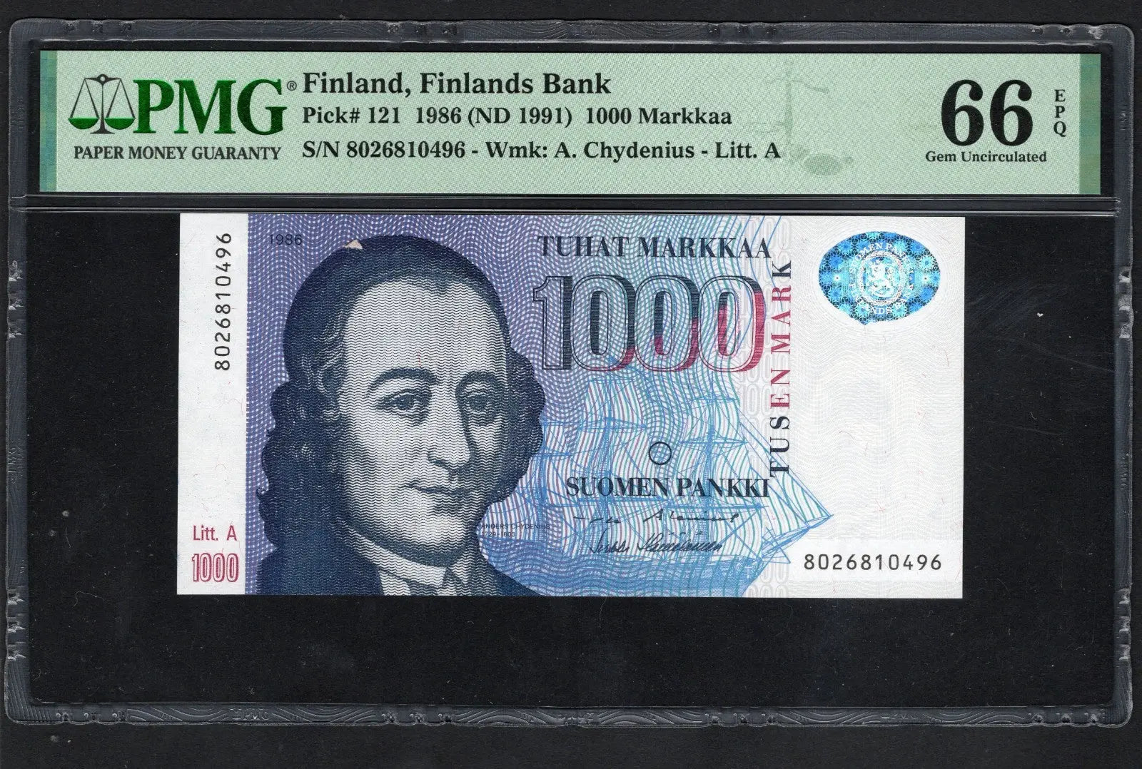 front of FINLAND BANK  1000 MARKKAA 1986  PICK121 PMG EPQ66