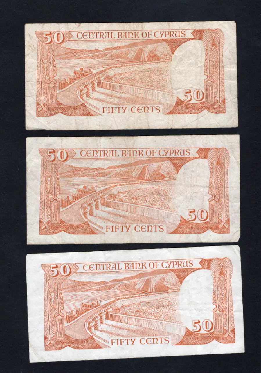 6xCYPRUS 50 cents Banknote used- 1983/1988 /ref s1