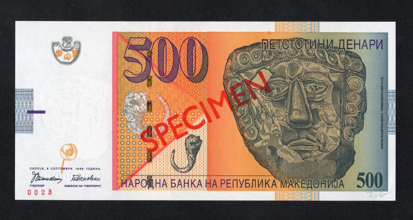 front of MACEDONIA   500 Denari UNC    SPECIMEN   /c2