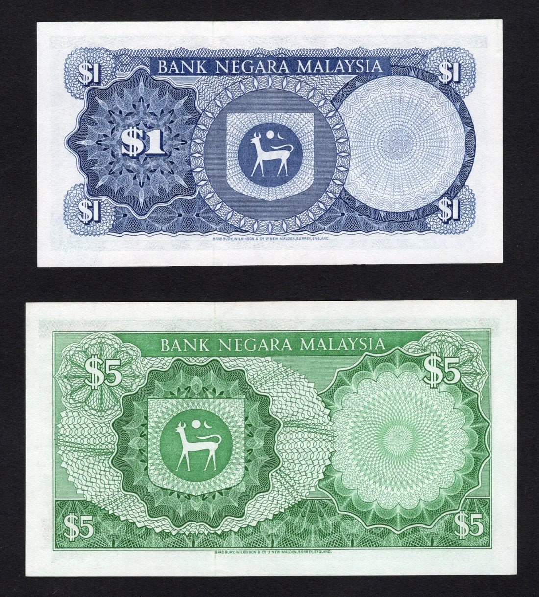 front of Malaysia 2 PCS Set: 1 & 5 Ringgit (1967/1976) AUNC/D15