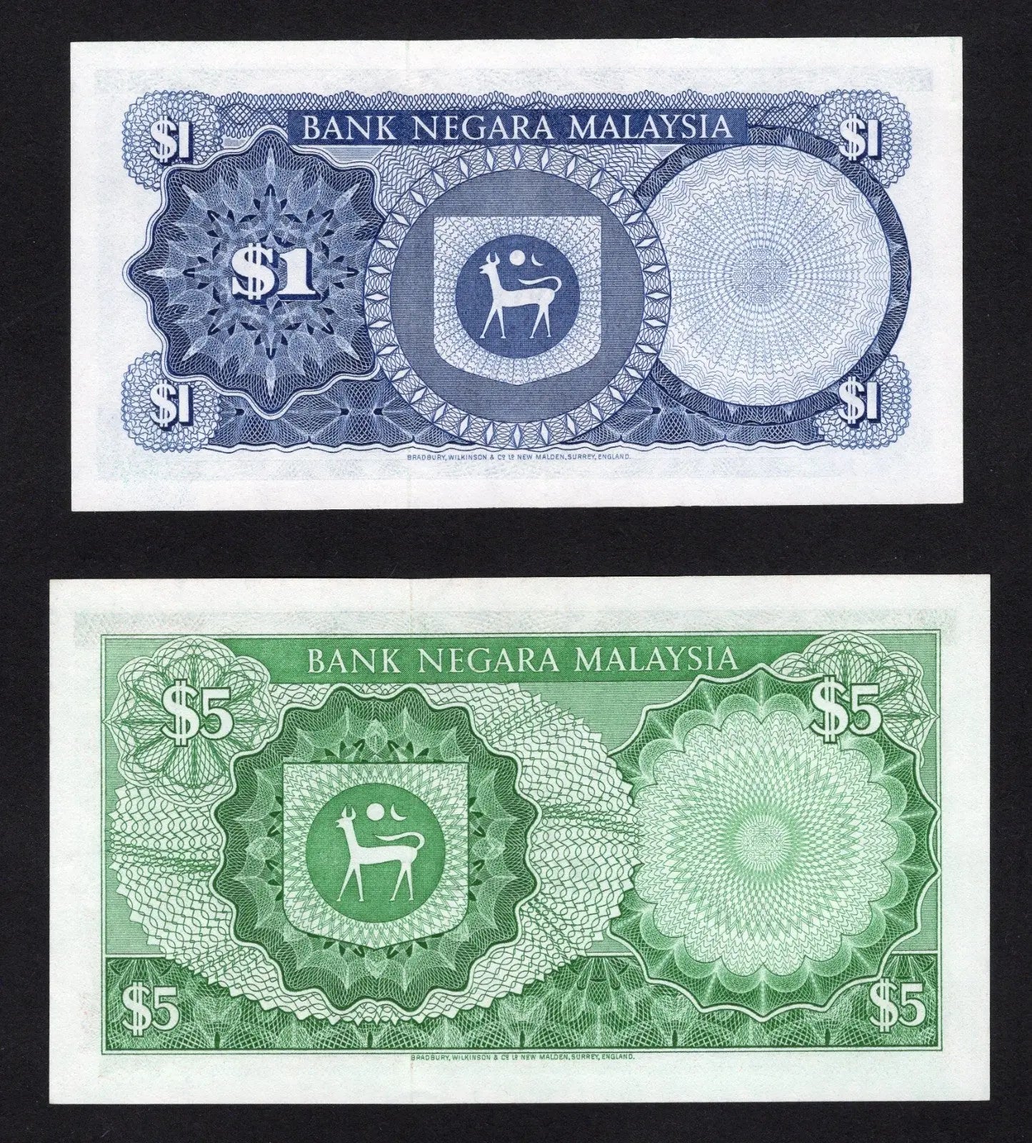 back of Malaysia 2 PCS Set: 1 & 5 Ringgit (1967/1976) AUNC/D15