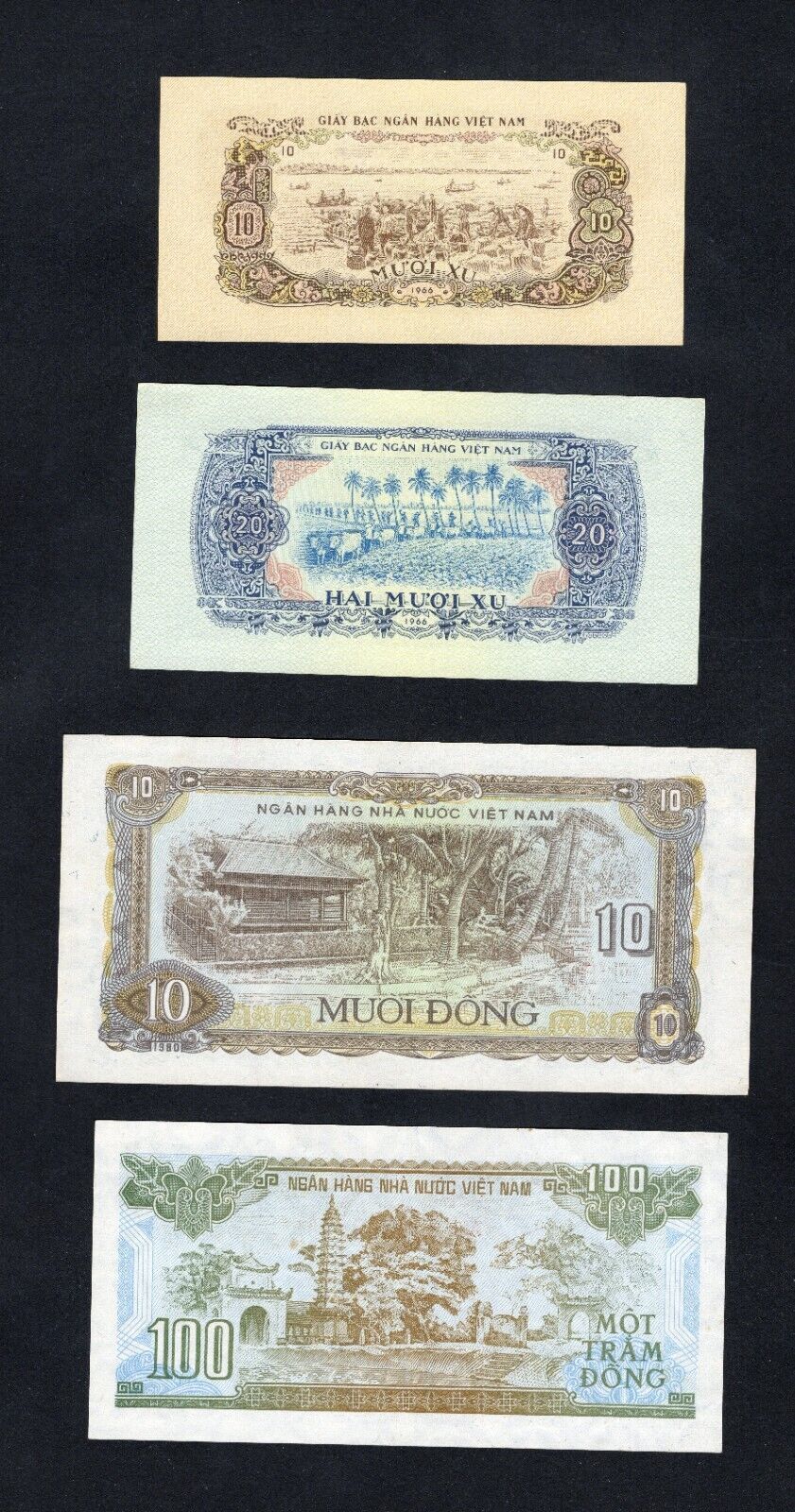 set of 4 notes:Vietnam 10. 20 xu ,10, 100 Dong 1966/1991 Used/ref d5 - worldbanknote