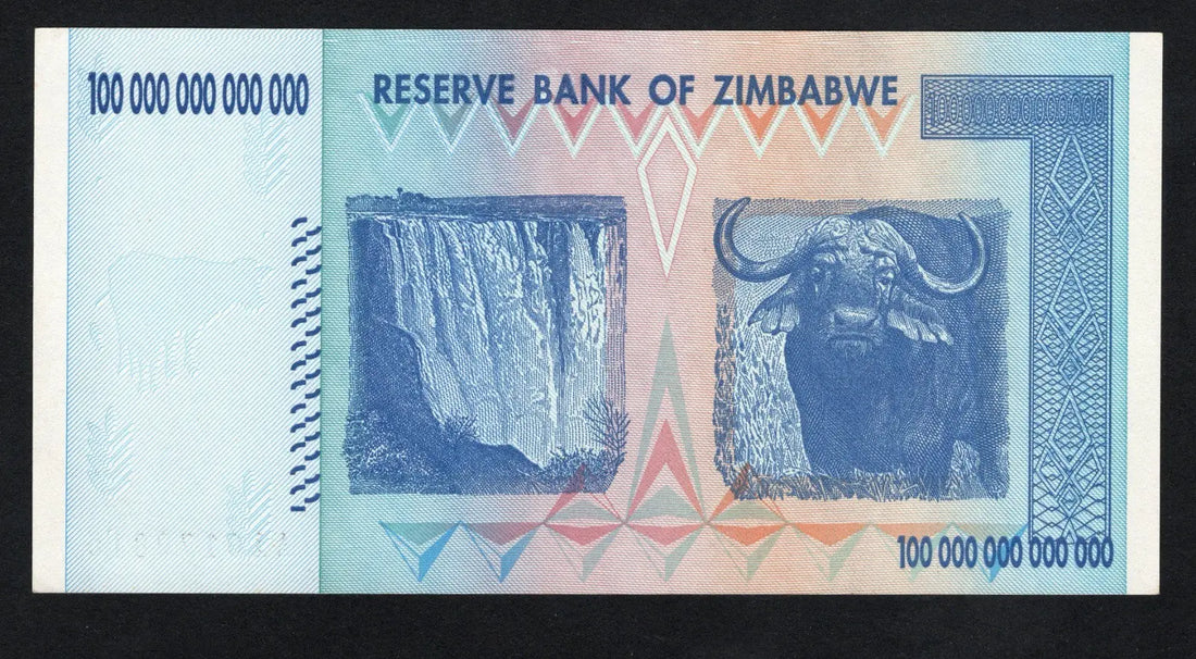 Front and back view of an authentic uncirculated 2008 Zimbabwe 100 Trillion Dollar banknote featuring Balancing Rocks and Victoria Falls.