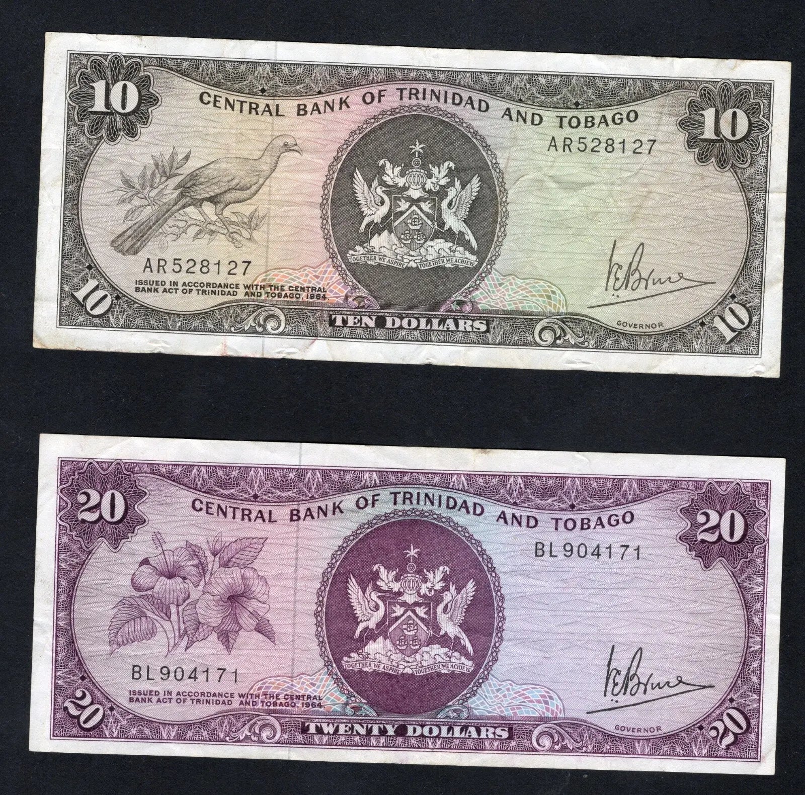 5 Trinidad and Tobago banknotes, 2x1, 5, 10 ,20 dollars  (1977) very fine/c1