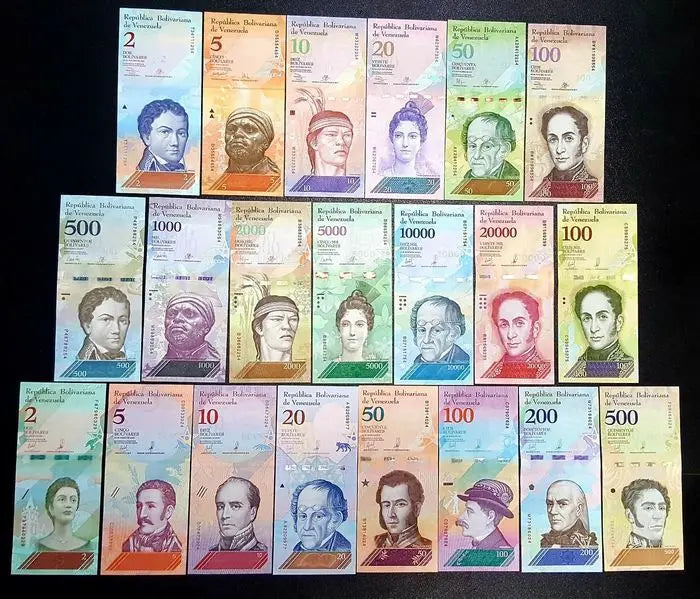 Venezuelan banknotes collection featuring colorful currency with historical figures