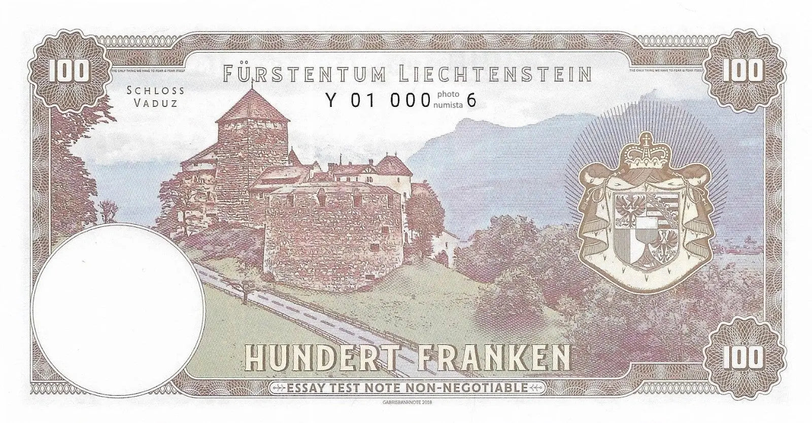 LIECHTENSTEIN 100 Francs   FANTASY Banknote