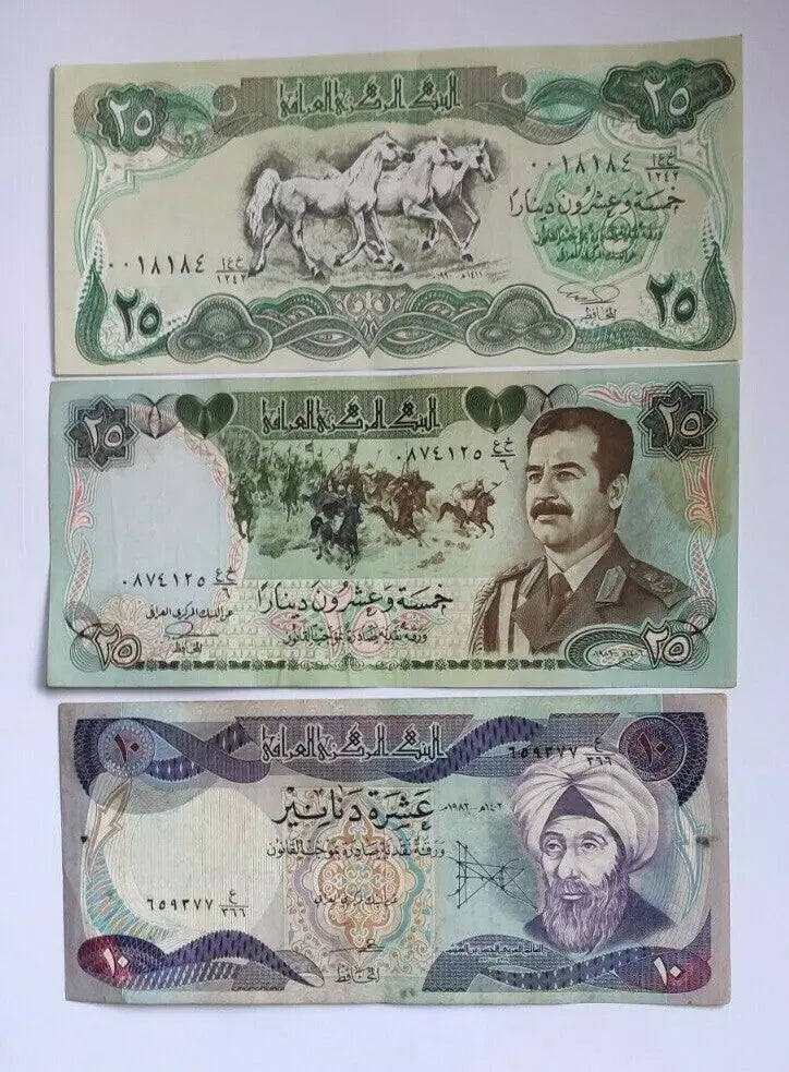 3 large size Iraqi Dinar(25,25, 10)  in very fine condition ( see description)