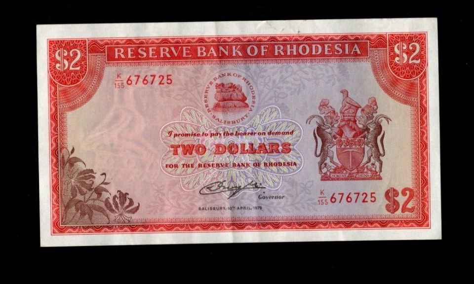RESERVE BANK OF RHODESIA 2 DOLLARS 1979 BANKNOTE EXTREMELY FINE/REF D2 - worldbanknote