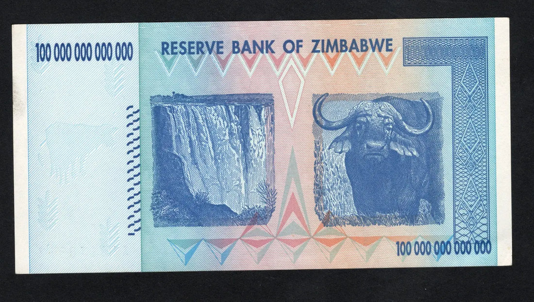 front of Authentic 2008 Zimbabwe 100 Trillion Dollar banknote, Uncirculated condition, serial number AA0170812