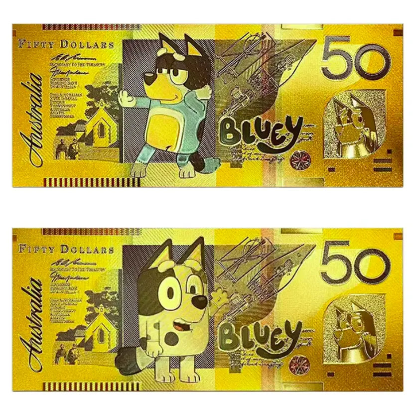 Set Of 5 Bluey  Gold Plated $50  Fantasy BankNotes