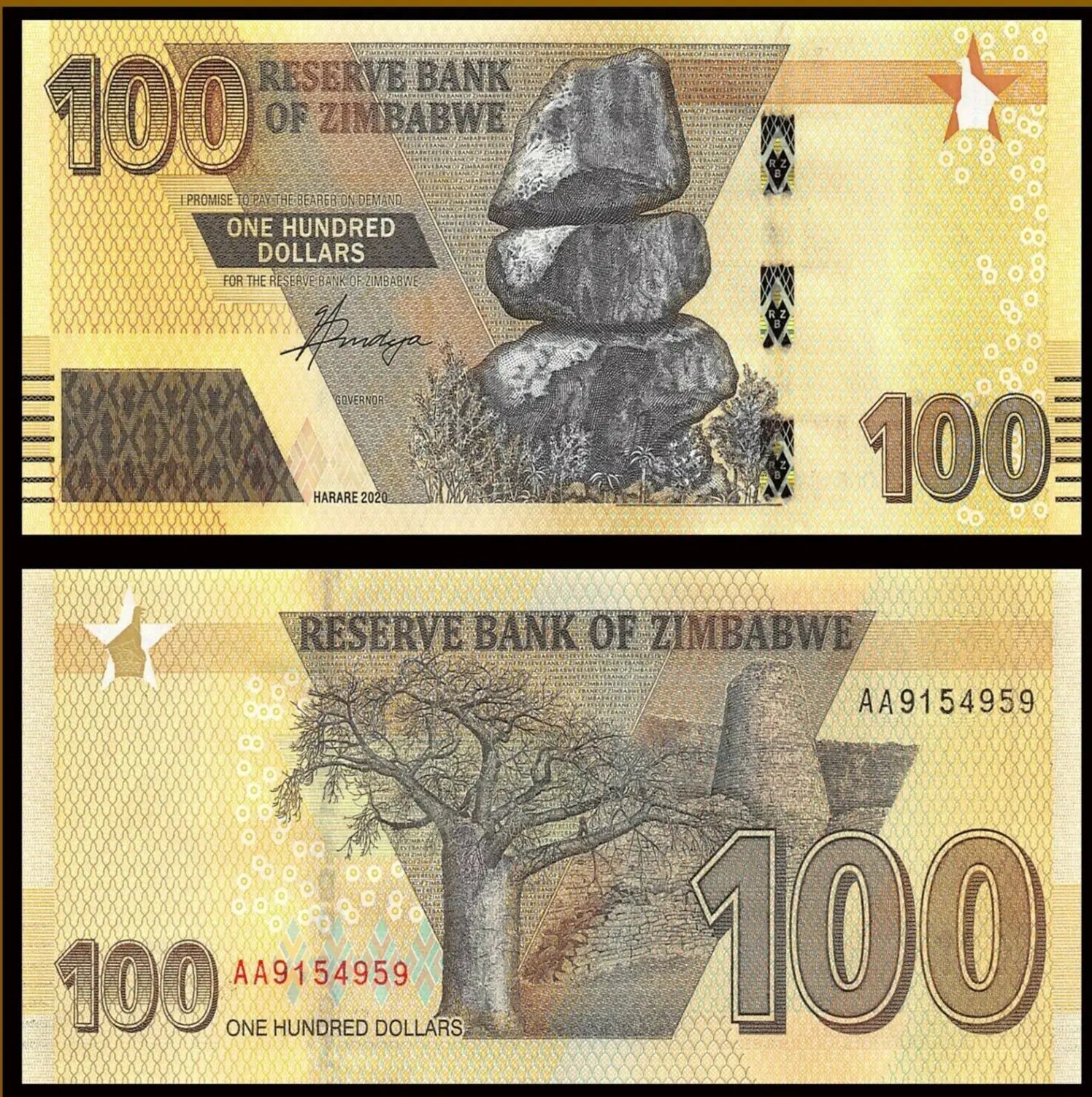 Zimbabwe complete set ($2 to $100) 2019-2020 P-NEW UNC