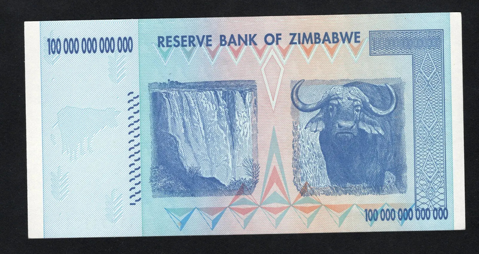 back of Zimbabwe 100 Trillion Dollar banknote. Genuine, AUNC AA Serial Number UV checked
