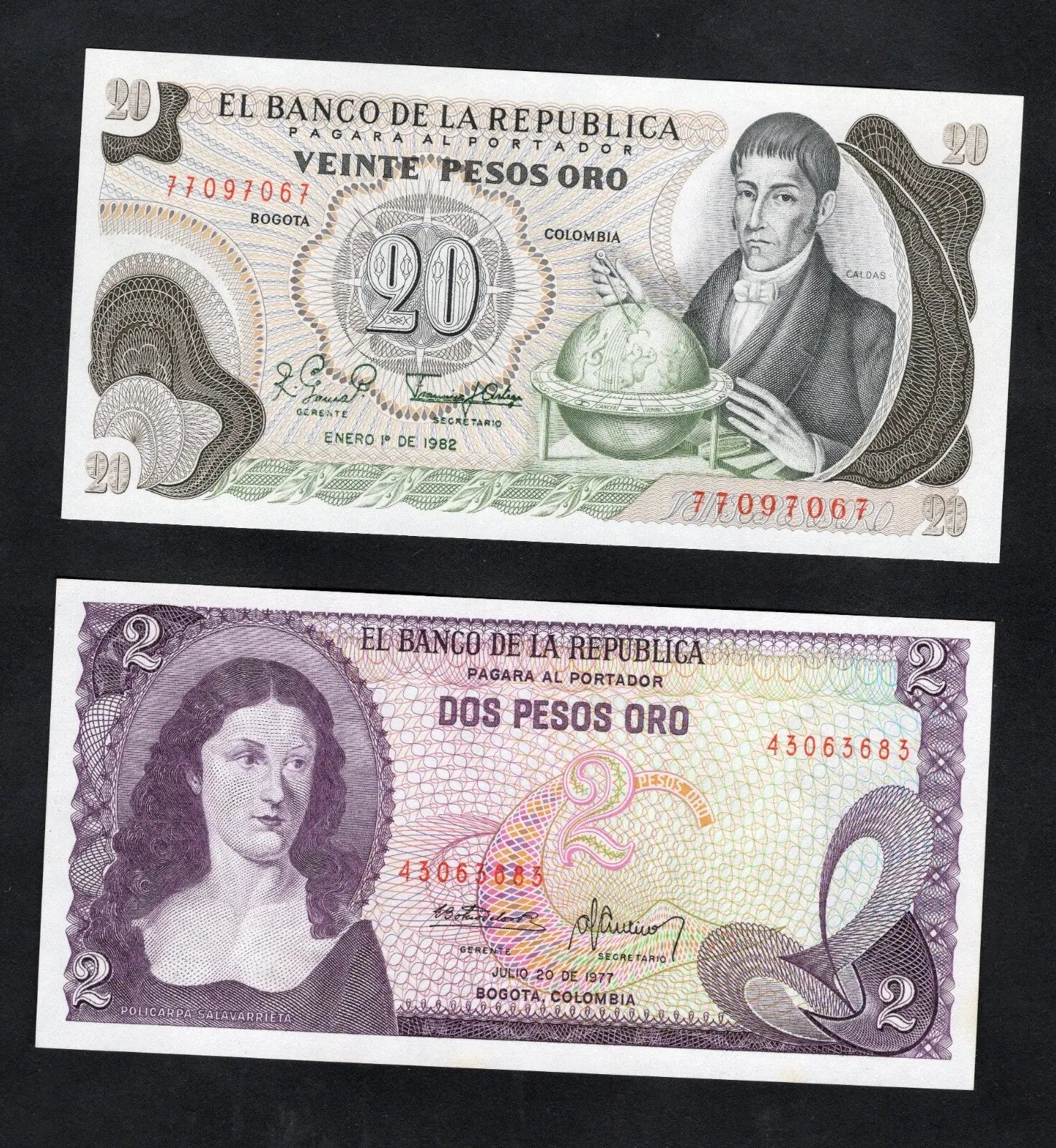 Set Of 2 notes :COLOMBIA 2 Pesos (1977) 20 Pesos Banknote (1983) /d11