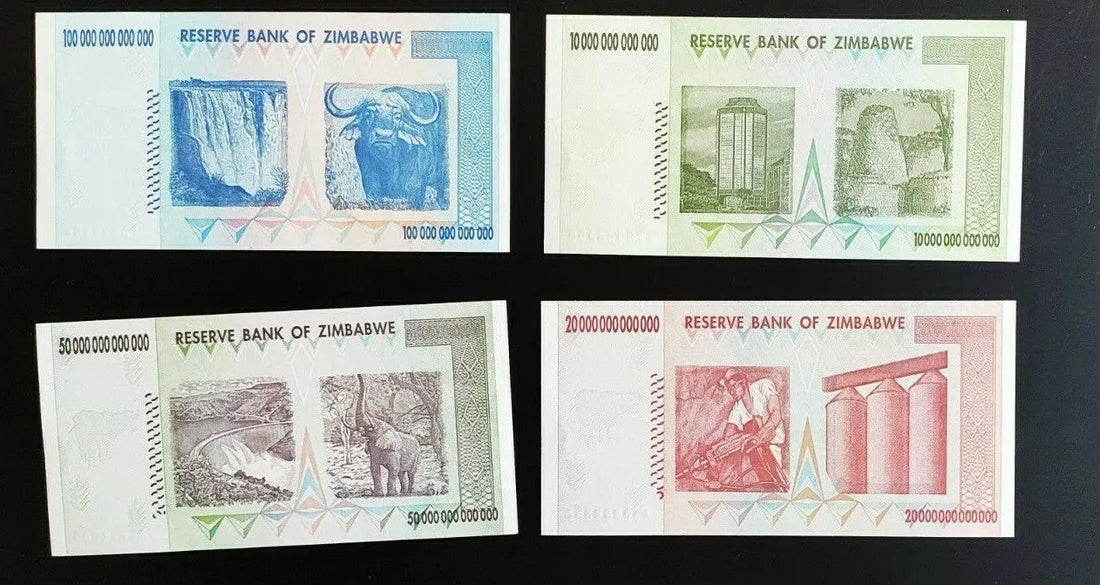 Zimbabwe banknotes set including 100, 50, 20, and 10 trillion dollar bills, unique collectible currency.