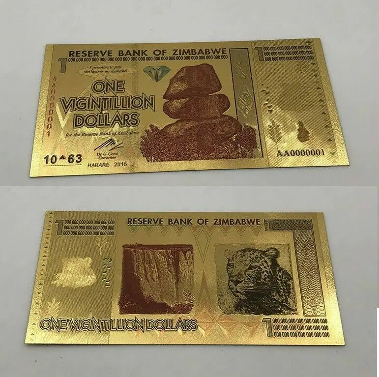 Zimbabwe 1 Vigintillion Dollars 24K Gold Foil Banknote 100 Trillion Series