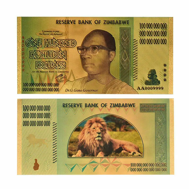 10xZimbabwe 100 Decillion Dollars  Gold Foil Banknotes African Lion