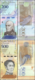 Venezuela 200 and 500 bolivares banknotes featuring portraits, birds, and currency details
