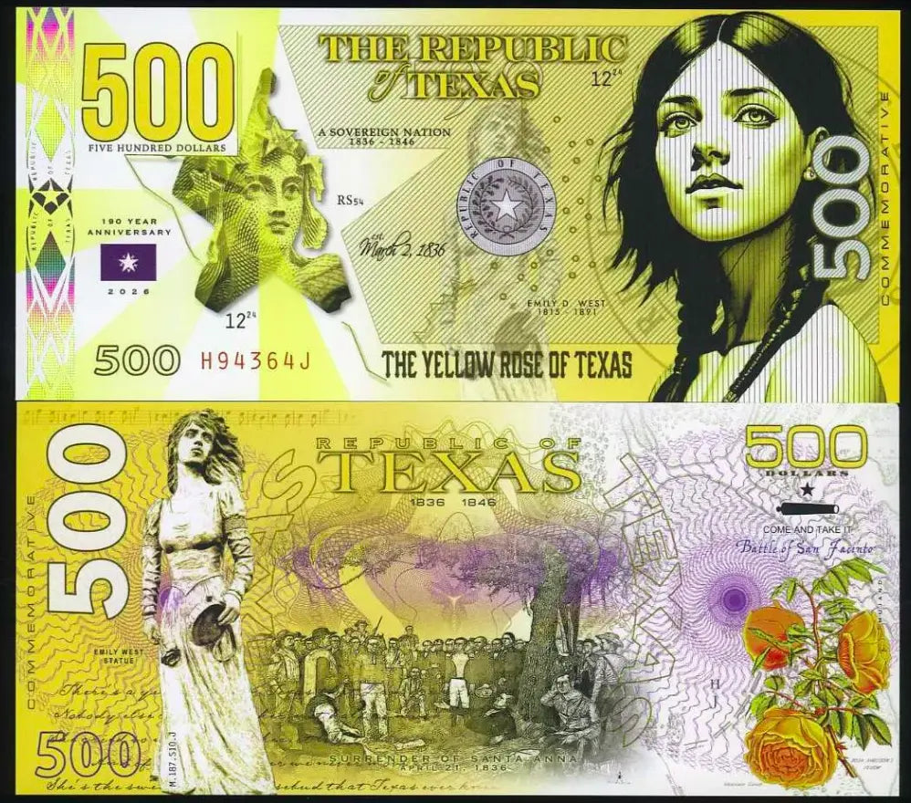 Republic of Texas $500, Polymer ND (2024) Emily West  Fantasy Banknote