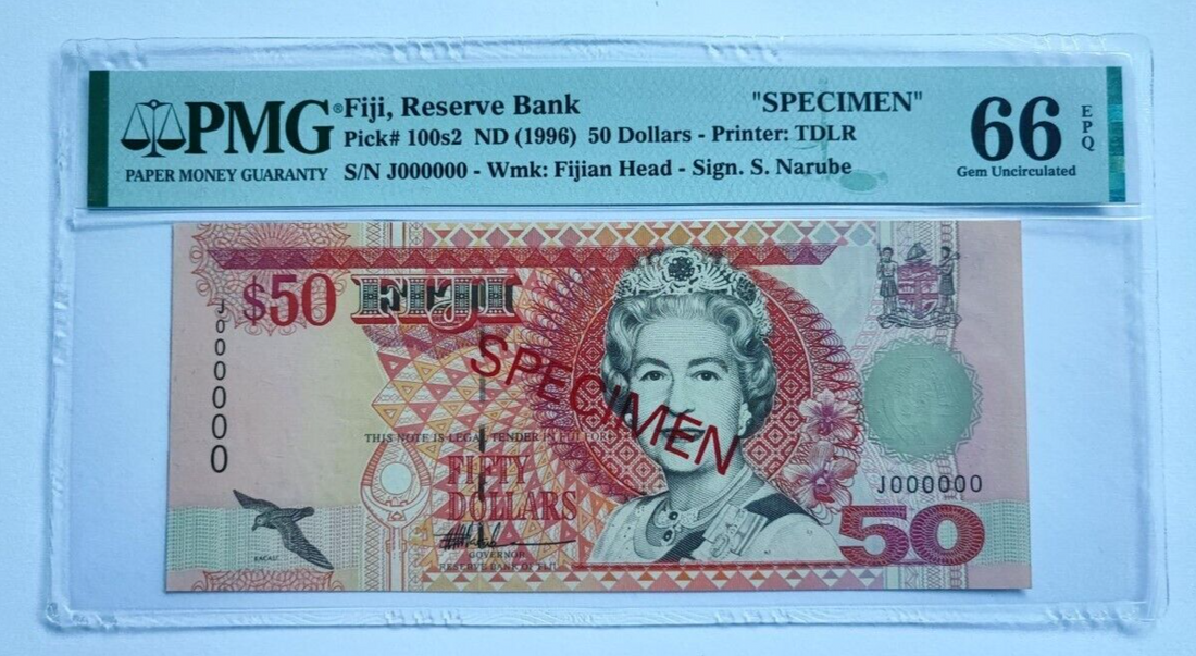 Fiji 50 Dollars Specimen 1996 Pk 100s2 PMG 66 EPQ Gem Unc - worldbanknote