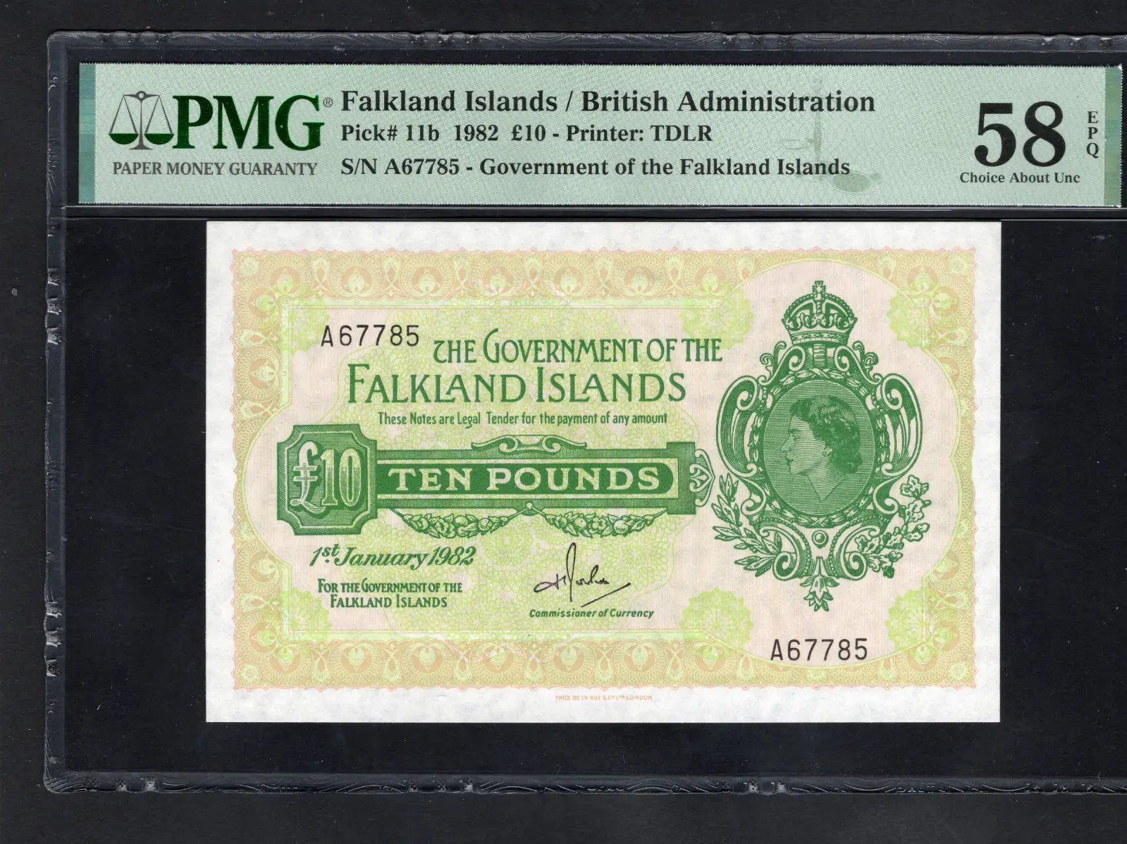 front of Falklands 10 Pounds 1982 P11B  PMG About Uncirculated 58 EPQ