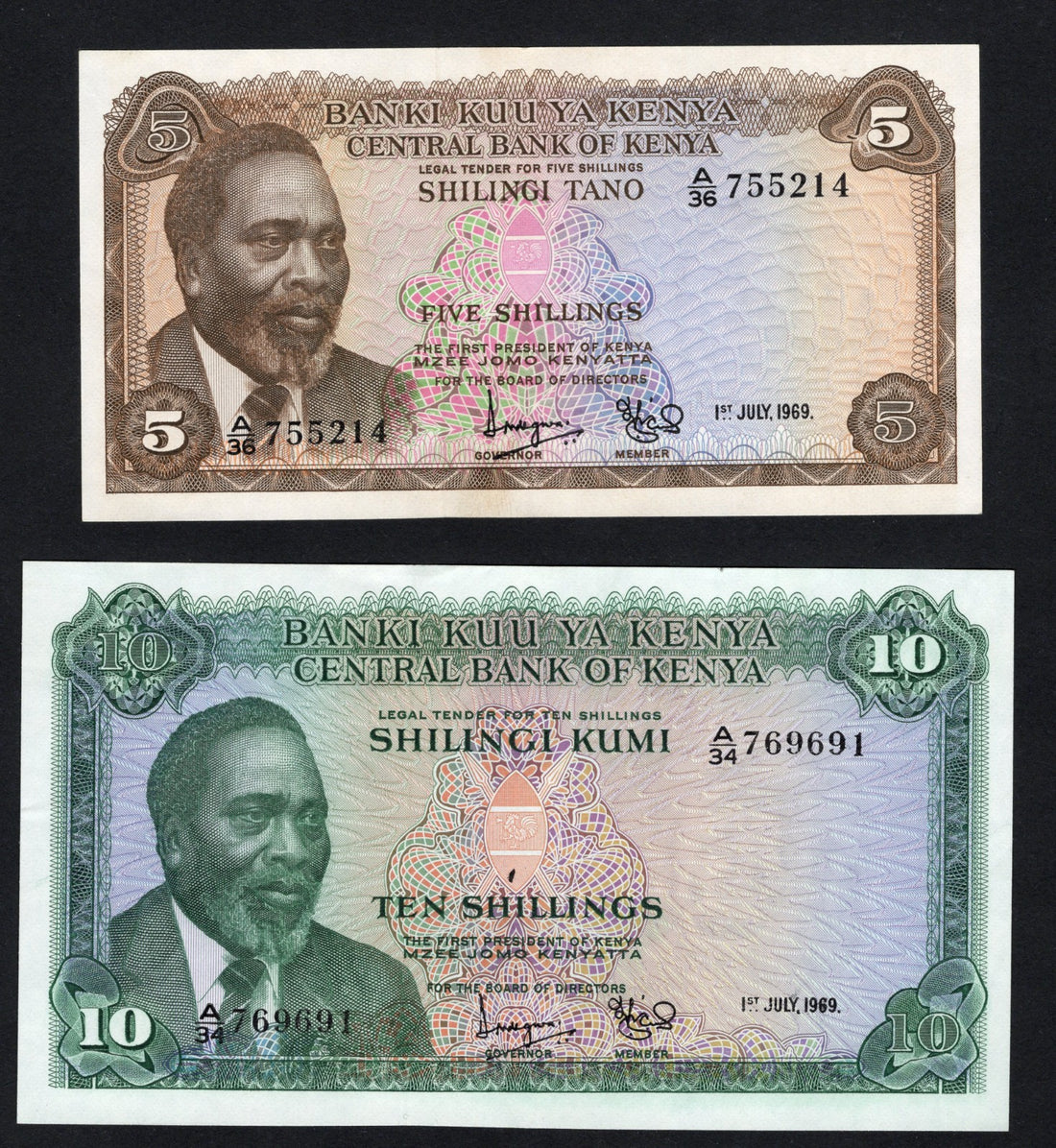Kenya 5 and 10 Shillings Note 1969 XF/AUNC/U15