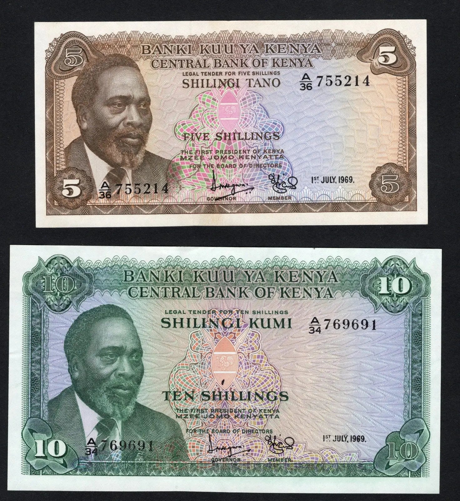 front of Kenya 5 and 10 Shillings Note 1969 XF/AUNC/U15