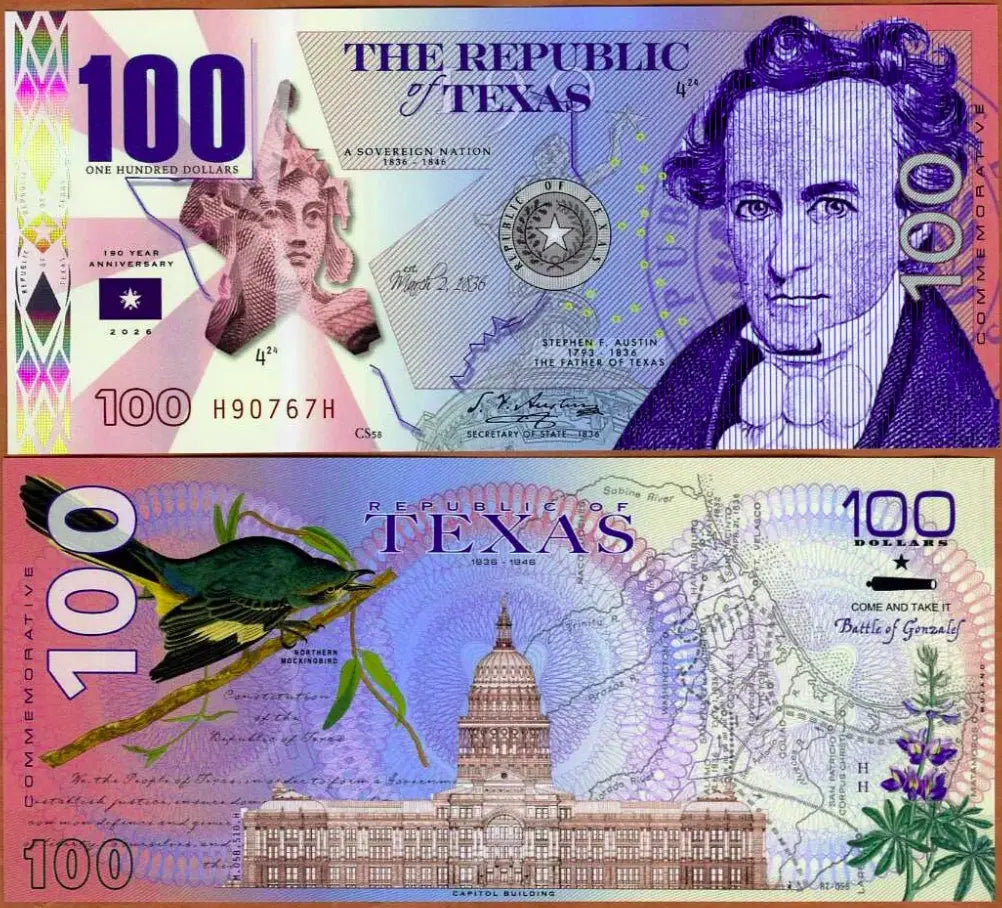Republic of Texas, $100, Polymer, ND (2024) Stephen Austin Fantasy Banknote