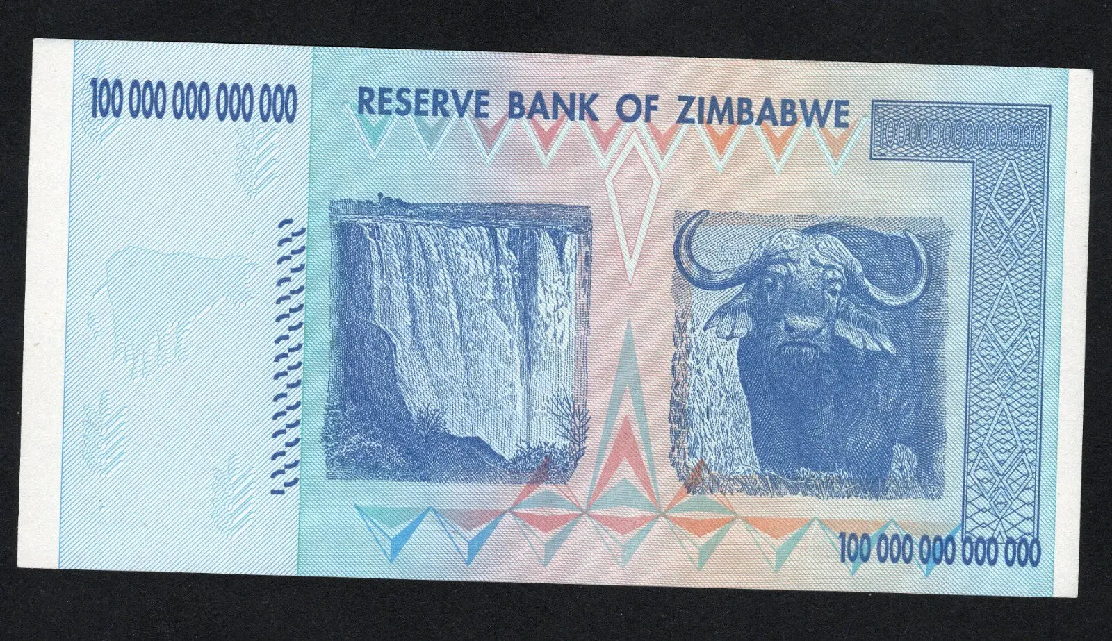 back of Zimbabwe 100 Trillion Dollar banknote. Genuine, AUNC AA Serial Number UV checked