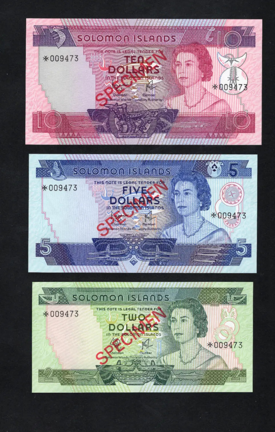 front of SOLOMON ISLANDS , SPECIMEN SET 1979, 2 - 10 DOLLARS UNC/d10