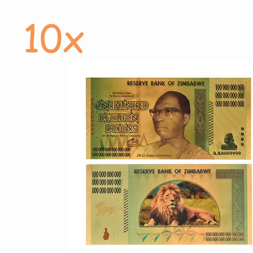 10xZimbabwe 100 Decillion Dollars Gold Foil Banknotes African Lion - worldbanknote