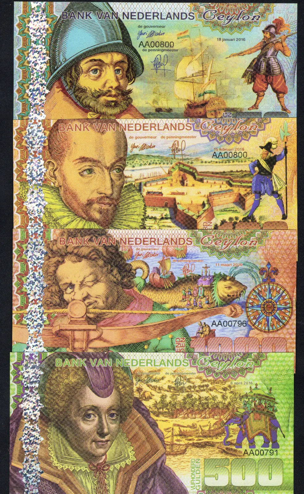 Netherlands Ceylon Set, 50;10;500;1000 Gulden, 2016 Private Issue POLYMER UNC