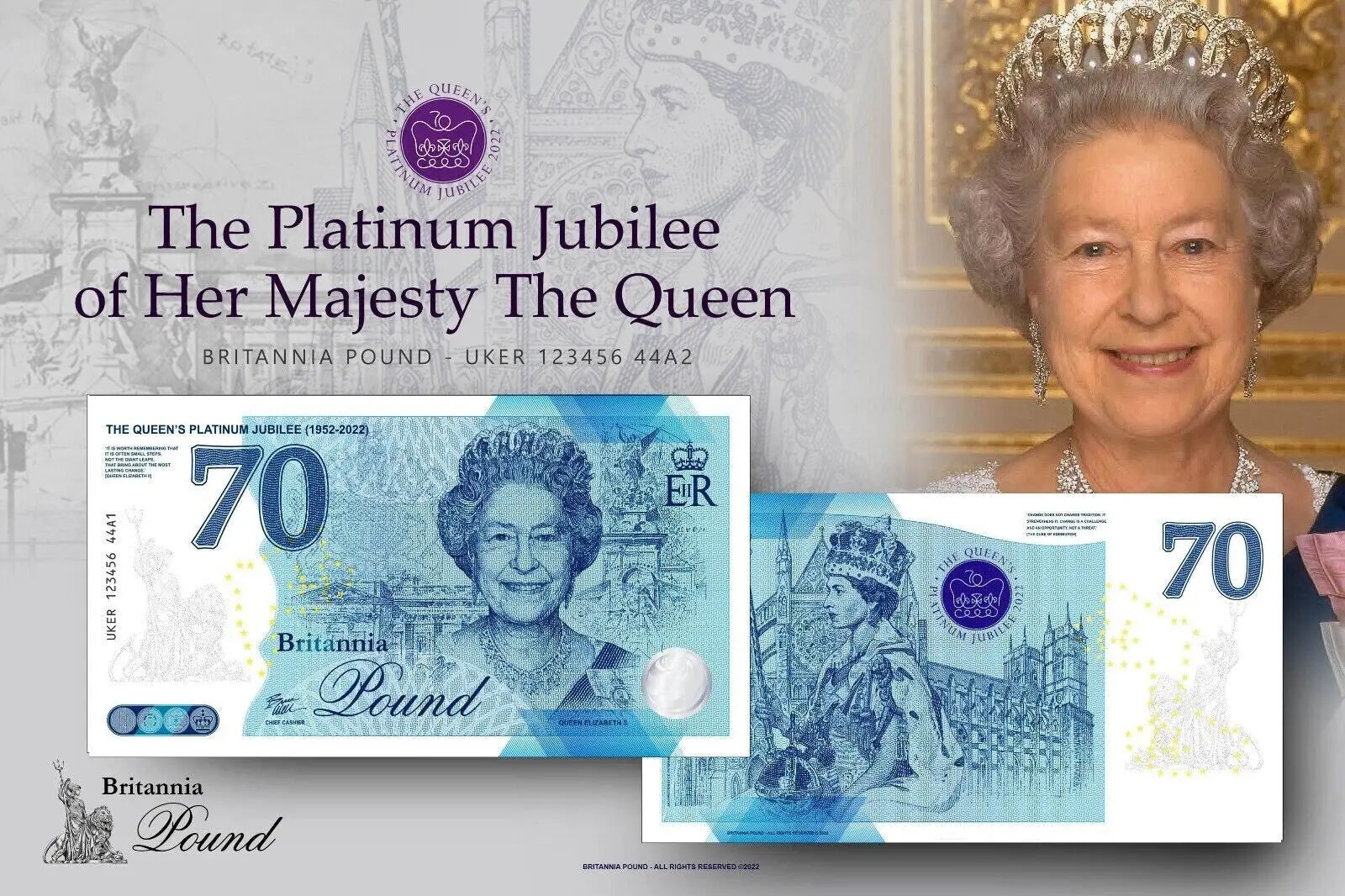 2 NOTES SET THE QUEEN'S PLATINUM JUBILEE 2022 BRITANNI COMMEMORATIVE BANKNOTE